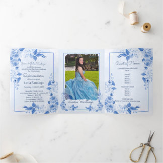 Foto Spanish Light Blue Rose Quinceanera Dreifach Gefaltete Einladung