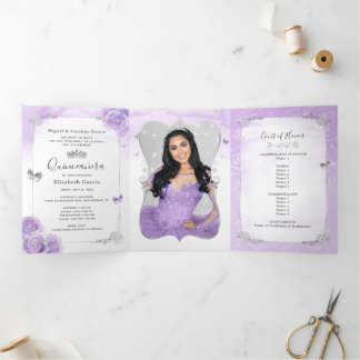 Foto Spanish Light Lila und Silver Quinceanera Dreifach Gefaltete Einladung