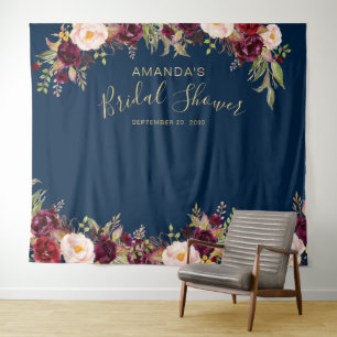 Foto-Stand des Burgund-Floral-Navy-Brautparty Wandteppich