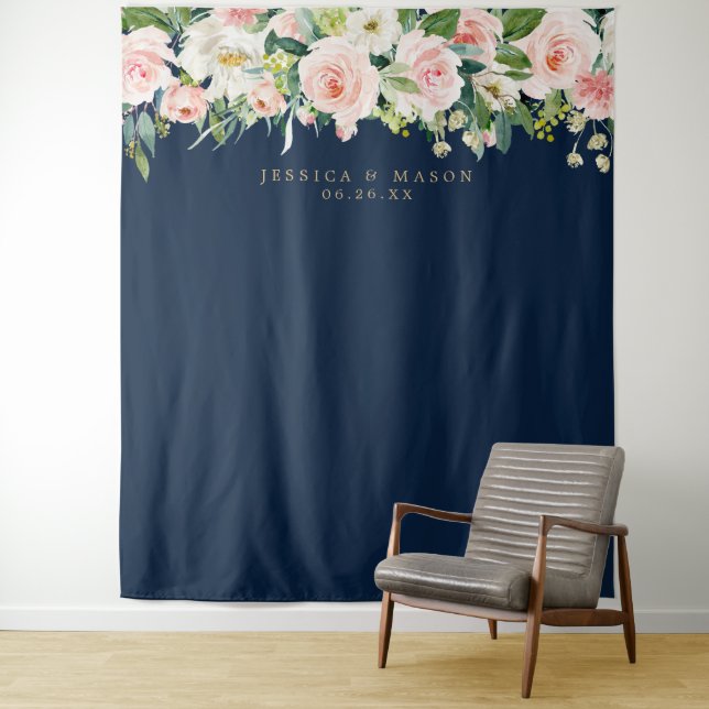 Foto-Stand für Hochzeitsszenarien mit blauem Gold Wandteppich (Beispiel)