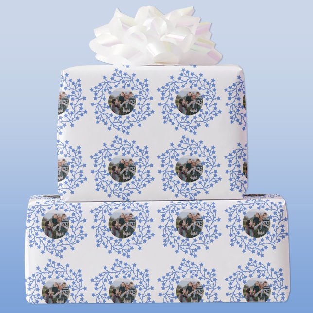 Foto Star Wreath Skandinavien Geschenkpapier (Scandinavian star wreath garland personalized photo Christmas or holiday gift wrap paper)