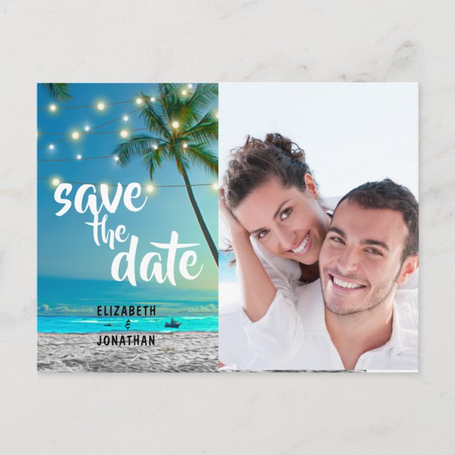 Foto String Lights Tropical Beach Save the Date Z Ankündigungspostkarte (Vorderseite)
