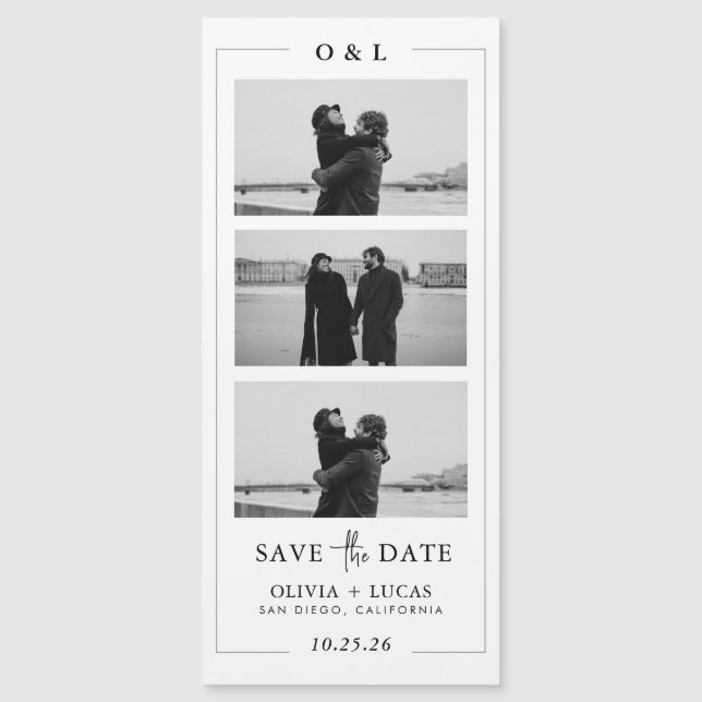 Foto Strip Monogram Border Magnetic Wedding Magnetkarte (Vorderseite)