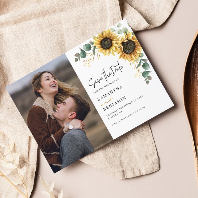 Foto Sunflower Eucalyptus Wedding Save The Date (Floral Sunflower Eucalyptus Wedding Save the Date Announcement)