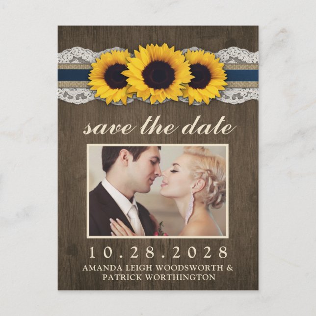 Foto Sunflower Rustic Blue Burlap Save the Date Ankündigungspostkarte (Vorderseite)