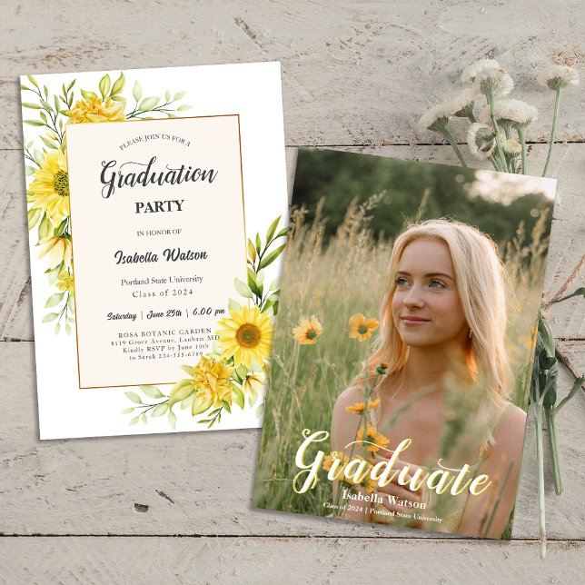 Foto Sunflower Script Graduation Party Einladung (Photo Sunflower Script Graduation Party Invitation)