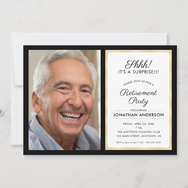 Foto Surprise Retirement Party | Schwarz und Gold Einladung (Vorderseite)