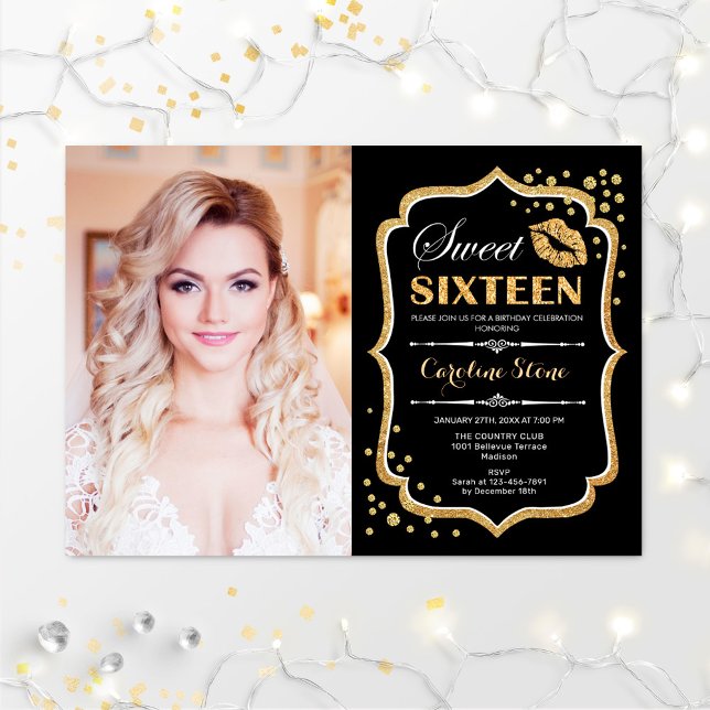 Foto Sweet 16 Birthday - Gold Black Kiss Einladung (Von Creator hochgeladen)