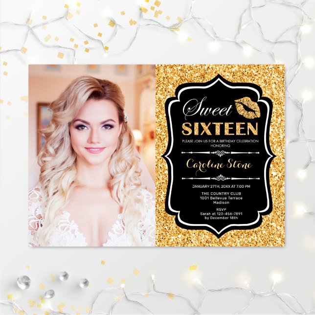 Foto Sweet 16 Birthday - Kiss Gold Black Einladung (Von Creator hochgeladen)