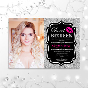 Foto Sweet 16 Geburtstag Pink Kiss Silver Black In Einladung