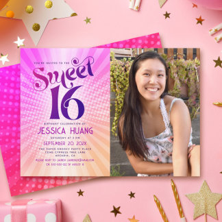 Foto Sweet 16 Groovy Pink Orange Gradient Retro Einladung