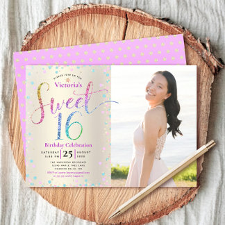 Foto Sweet 16 Rainbow Glitzer Goldener Film Geburt Einladung