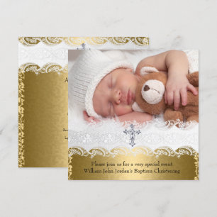 Foto Taufe Gold Lace Cross Baby Boy Girl Einladung