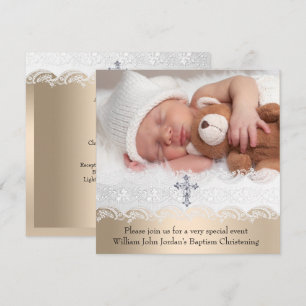 Foto Taufe Weiß Beige Kreuz Baby Mädchen Junge Einladung