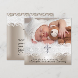 Foto Taufe Weiß Beige Kreuz Baby Mädchen Junge Einladung
