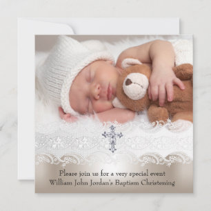 Foto-Taufe Weiß Beige Kreuz Baby Mädchen Junge Einladung