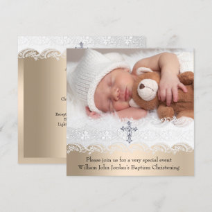 Foto Taufe White Beige Cross Baby Girl Boy Einladung