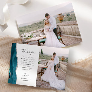 Foto Teal Blau Achat Silber Schrift Hochzeit Dankeskarte