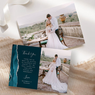 Foto Teal Blau Achat Silber Schrift Hochzeit Dankeskarte