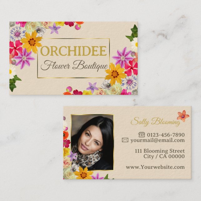 Foto Template Elegante Wildblumen Gold Creme Chic Visitenkarte (Vorne/Hinten)