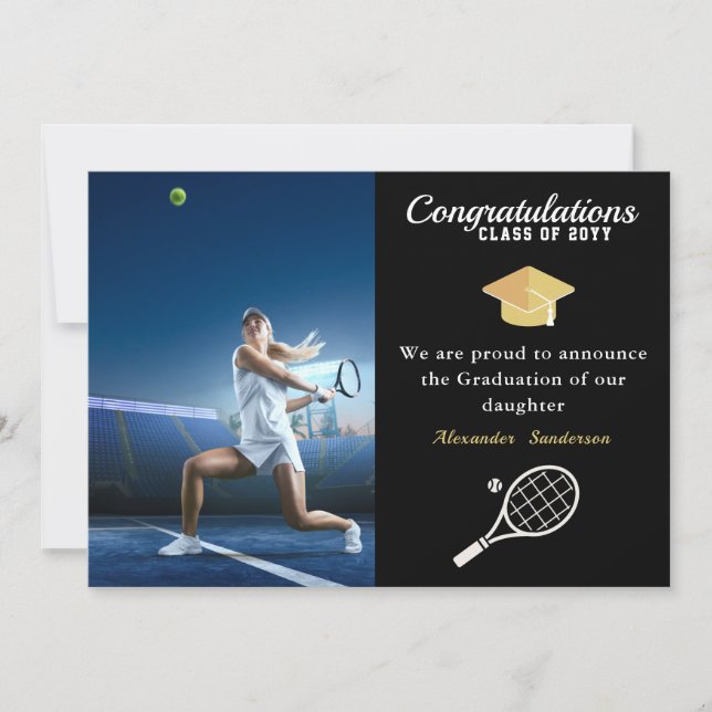 Foto Tennisspieler Black Gold White Abschluss Ankündigung (Vorderseite)