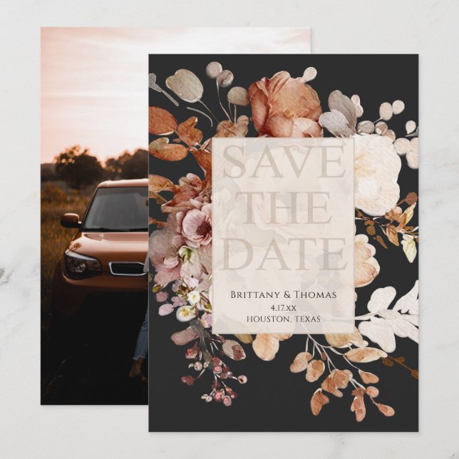 Foto Terracotta Floral Save the Date schwarz Einladung (Vorne/Hinten)
