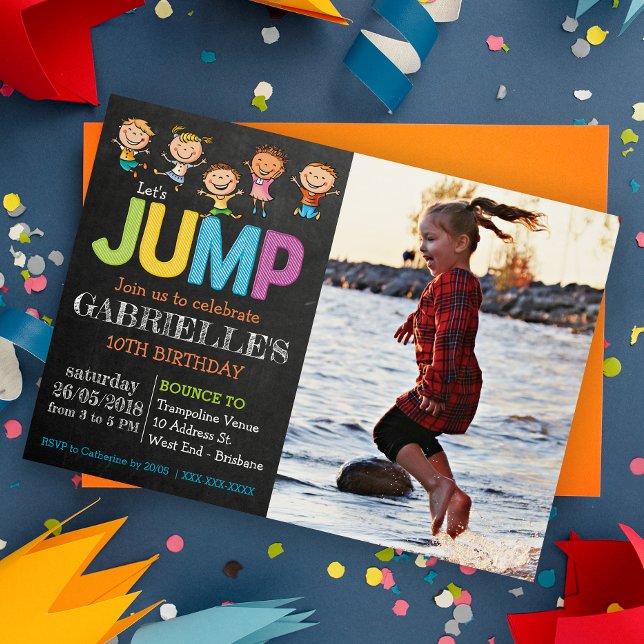 Foto Trampolin Party Einladung (Jump into fun with our trampoline party! Bounce, laugh, and celebrate in the air!)