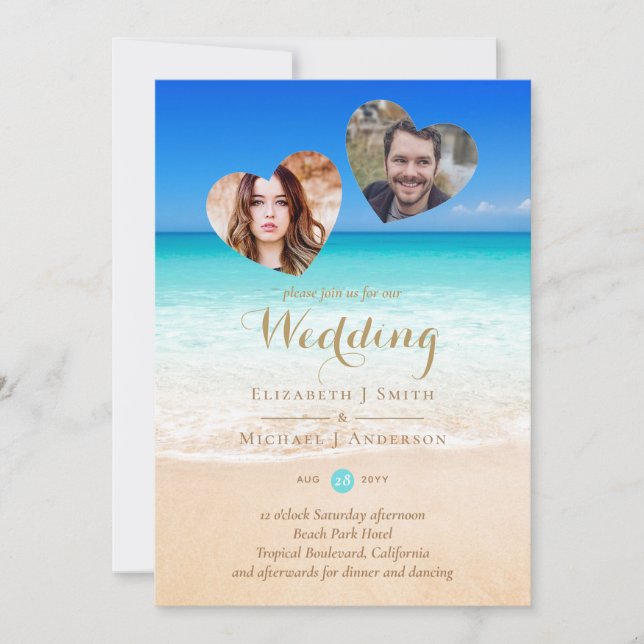 FOTO Tropical Beach Hearts Sand Sea Wedding Inv (Vorderseite)