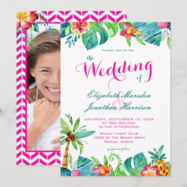 Foto Tropical Berry Pink Aquamarine Blumenhochzeit Einladung (Vorne/Hinten)