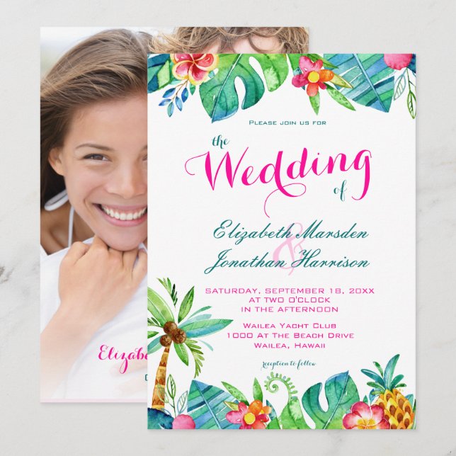 Foto Tropisches Rosa Aquamarine Zickzack Hochzeit Einladung (Vorne/Hinten)