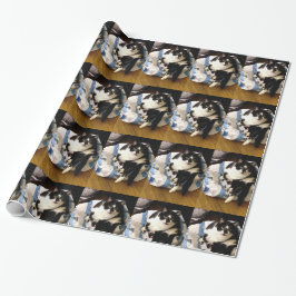 Foto Tuxedo Cat auf Weihnachtswrapping Paper Geschenkpapier