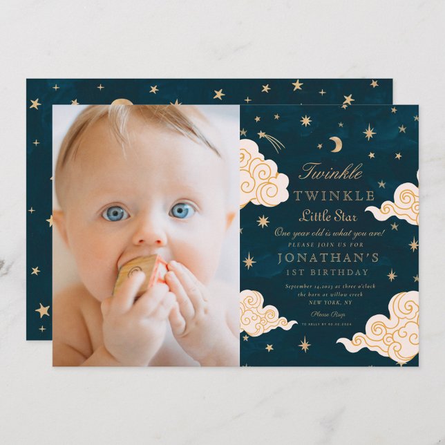 Foto Twinkle Little Stars Niedlich Mond 1. Geburts Einladung (Von Creator hochgeladen)