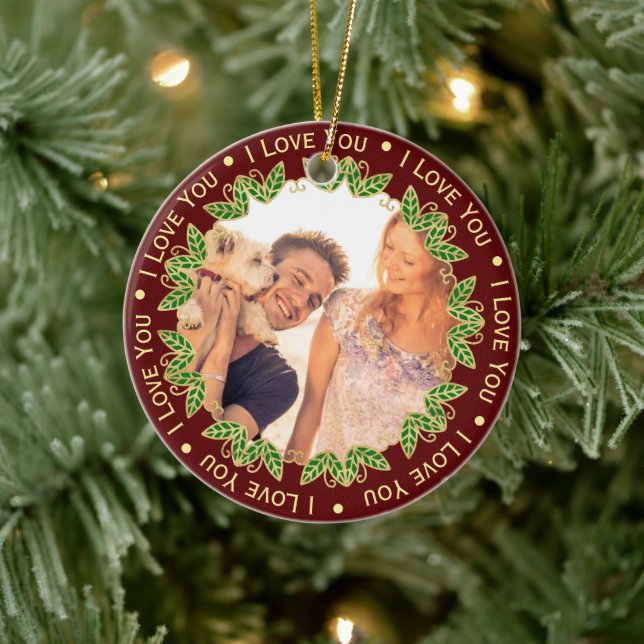 Foto und bearbeitbarer Text | Elegant Red & Gold Keramik Ornament (Baum)