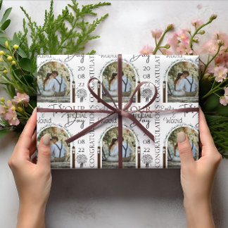 Foto und Datum Stilvolle Blumenhochzeit Geschenkpapier