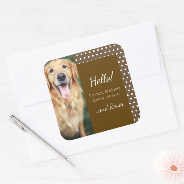 Foto und Familienname Polka Dot Brown Quadratischer Aufkleber (Umschlag)