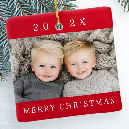 Foto und Jahr Rot Frohe Weihnachten Keramikornament