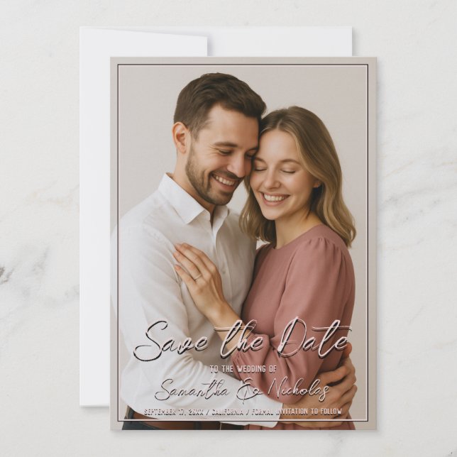 Foto und Kalligrafie Minimalistisch Blush Save the Einladung (Vorderseite)
