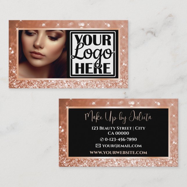Foto- und Logo-Vorlage Peach Sparkle Glitzer Glam Visitenkarte (Vorne/Hinten)