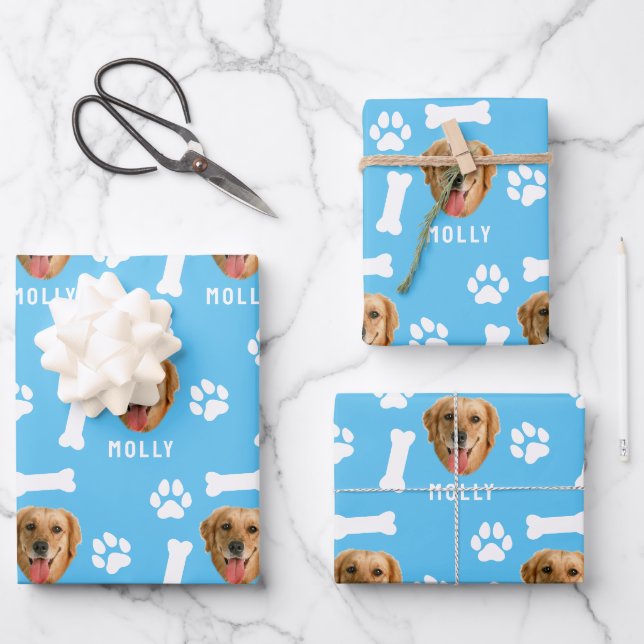 Foto und Name Blau für Hunde Geschenkpapier Set (Vorderseite)