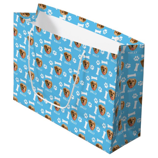 Foto und Name Blau für Hunde Große Geschenktüte (Vorderseite Schrägansicht)