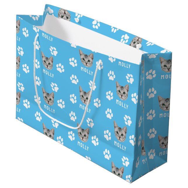 Foto und Name Blau für Katzen Große Geschenktüte (Vorderseite Schrägansicht)