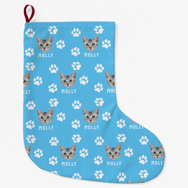 Foto und Name Blau für Katzen Großer Weihnachtsstrumpf (Vorderseite)