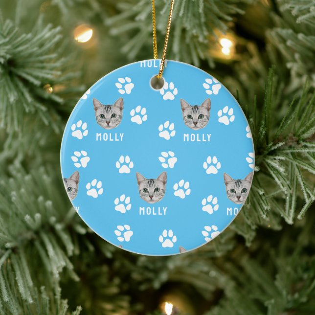 Foto und Name Blau für Katzen Keramik Ornament (Baum)