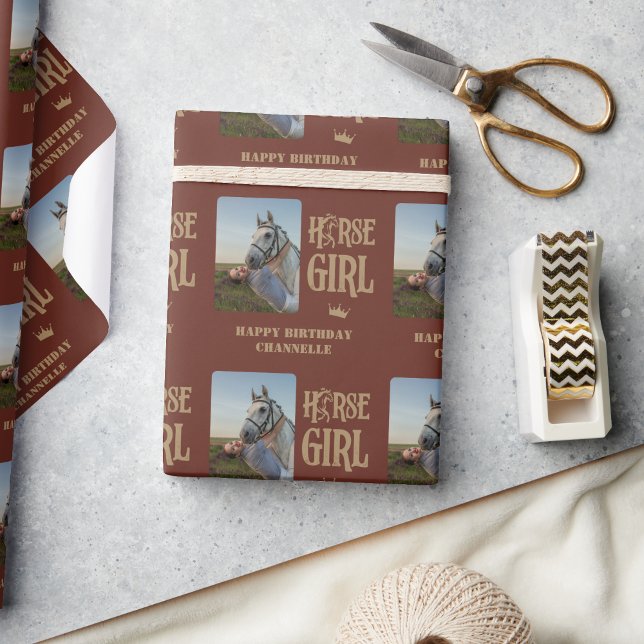 Foto und Name des Girl-Wrapping-Papiers Geschenkpapier (Custom Photo and Name Horse Girl Wrapping Paper)