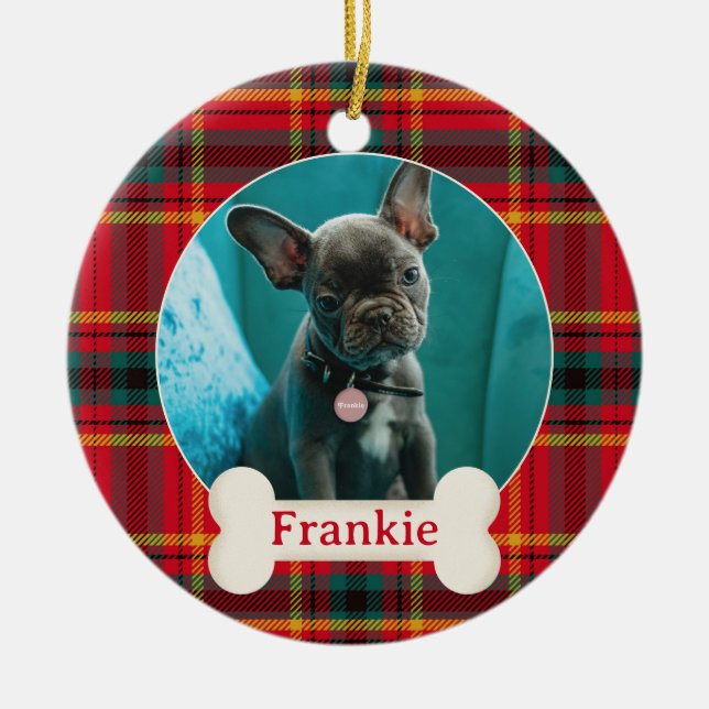 Foto und Name Weihnachten Rot und Grün Kariert Keramik Ornament (Vorne)