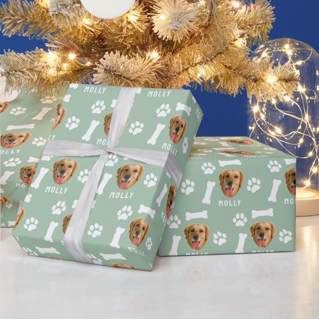 Foto- und Namenssage-Grün für Hunde Geschenkpapier (Feiertage)