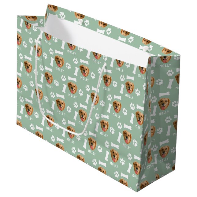 Foto- und Namenssage-Grün für Hunde Große Geschenktüte (Vorderseite Schrägansicht)