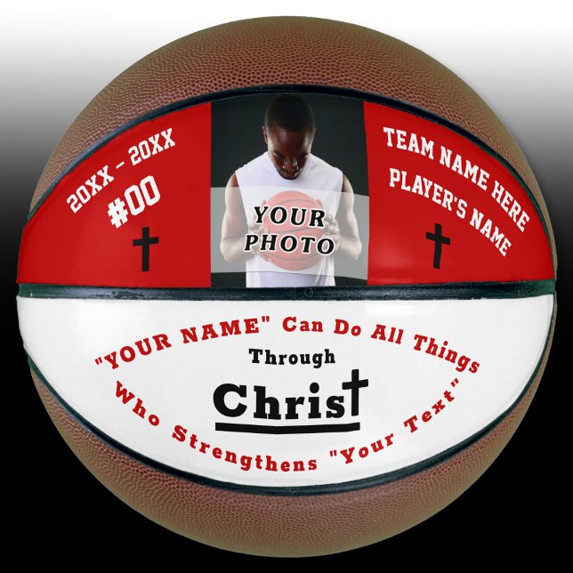Foto und Personalisierte Verse Basketball (Christian Basketball, Personalized. Red, White and Black. I can do all things through Christ. B Ball)