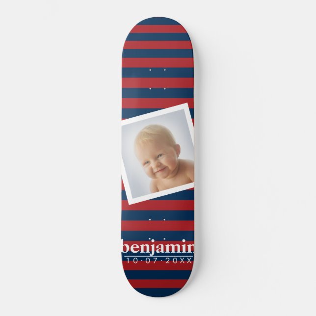 Foto und rotes blaues Streifenmuster - Name Skateboard (Vorderseite)