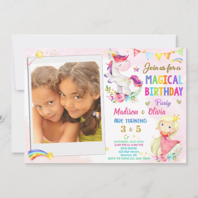 Foto Unicorn und Prinzessin Einladung zum Geburtst (Vorderseite)